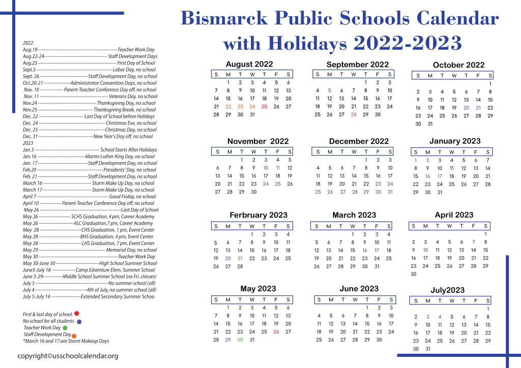 Bismarck Public Schools Calendar with Holidays 2022-2023 2