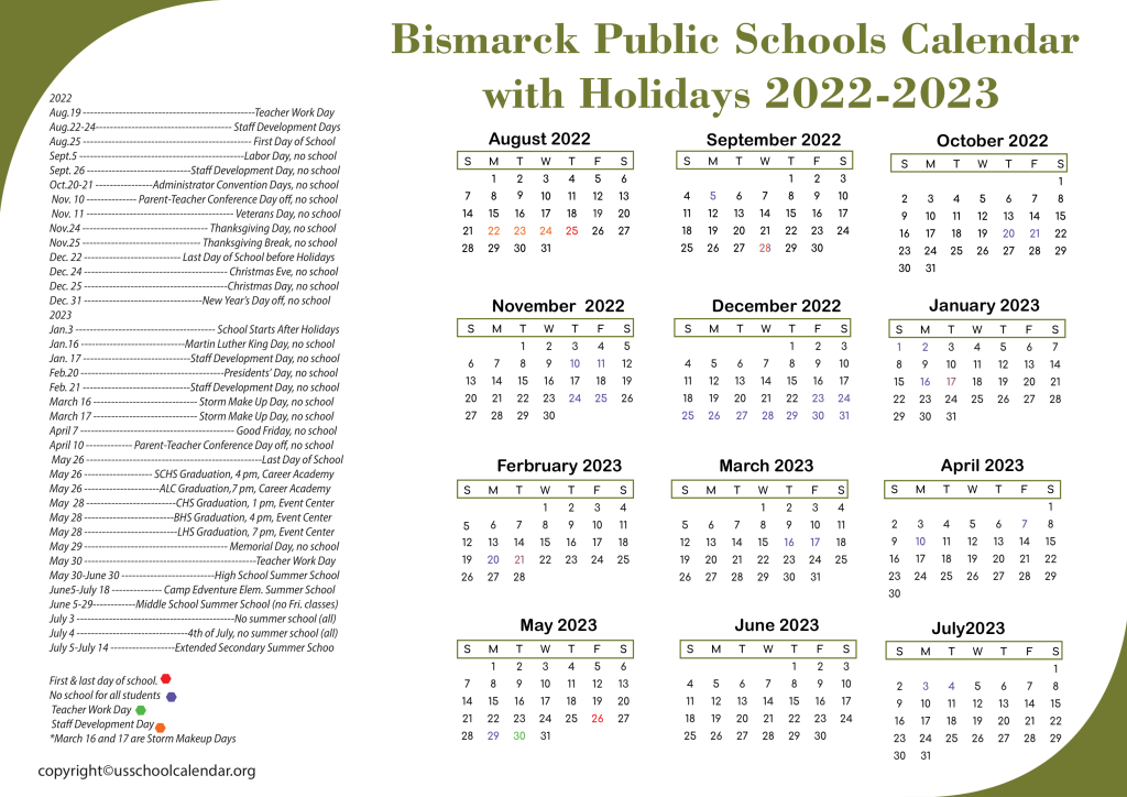 Bismarck Public Schools Calendar with Holidays 2022-2023 3