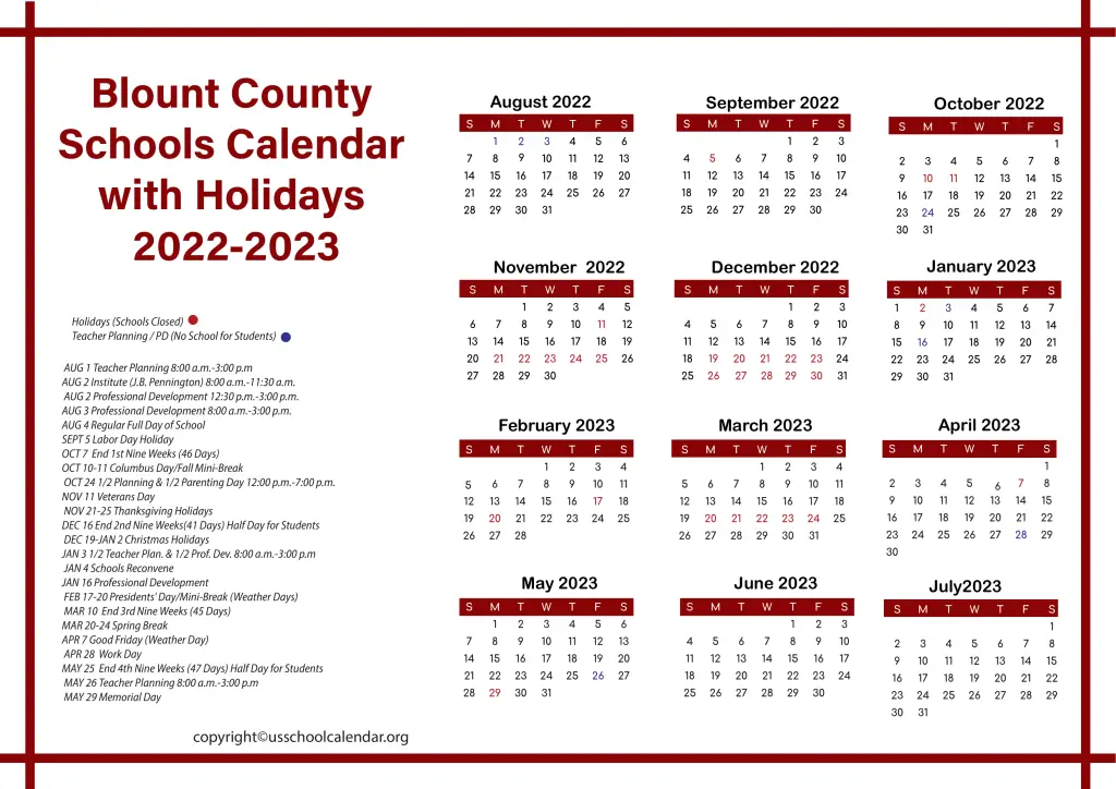 Blount County Schools Calendar with Holidays 2022-2023