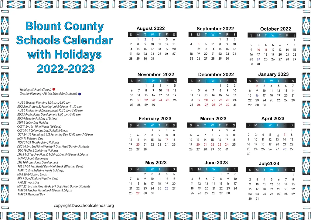 Blount County Schools Calendar with Holidays 2022-2023 2