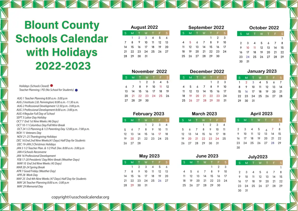 Blount County Schools Calendar with Holidays 2022-2023 3