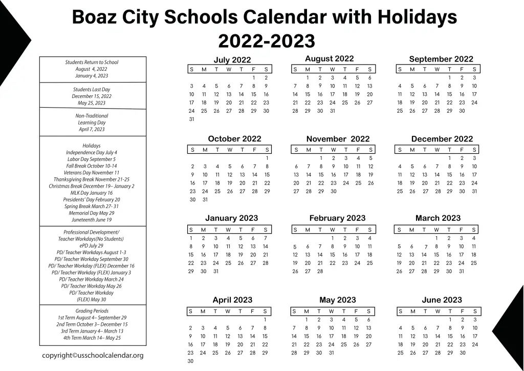 Boaz City Schools Calendar with Holidays 2022-2023 2
