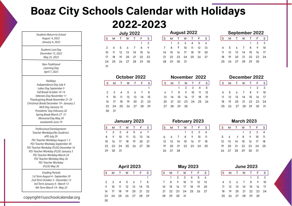 Boaz City Schools Calendar with Holidays 2022-2023 3
