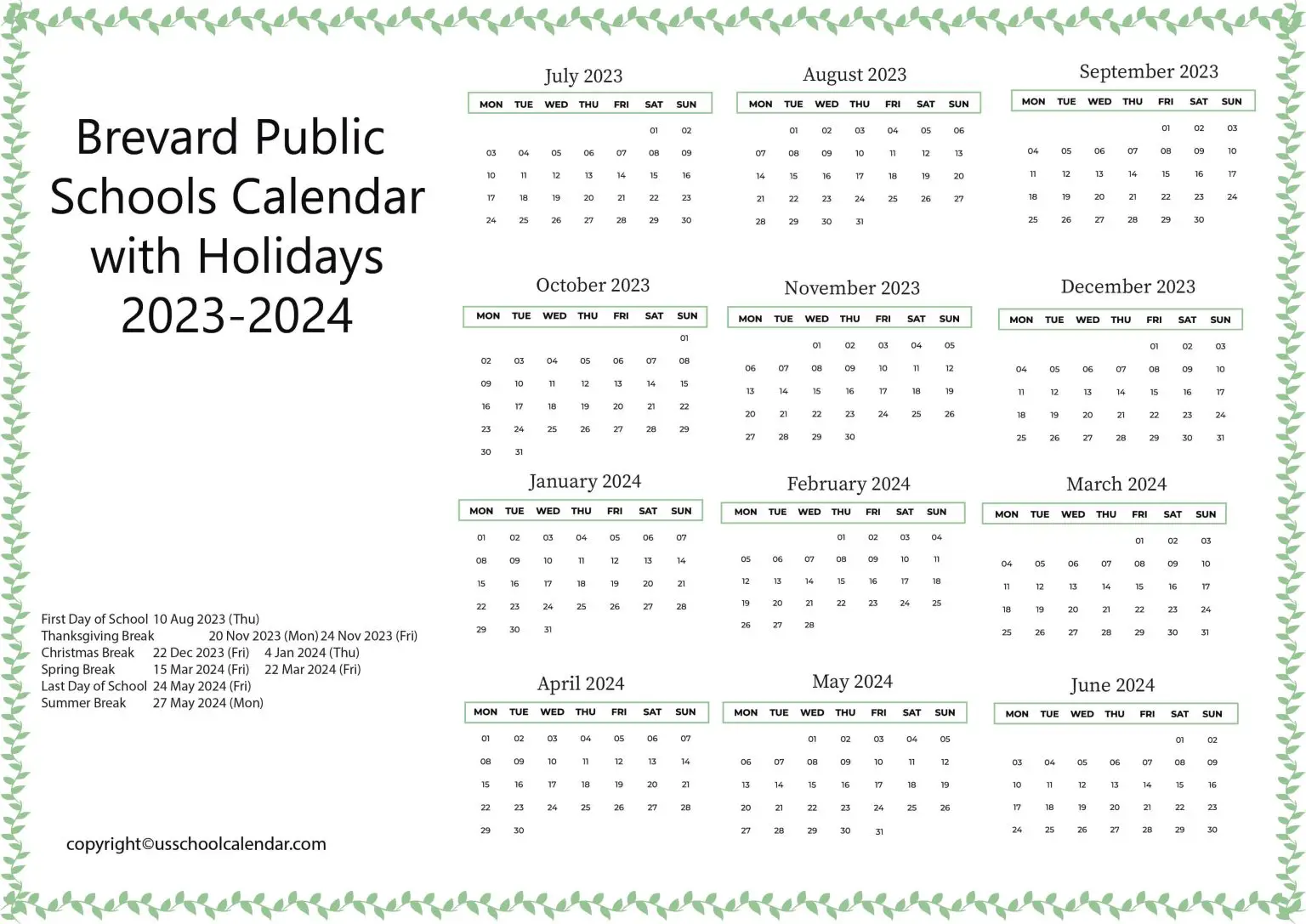 Brevard Public Schools Calendar with Holidays 20232024