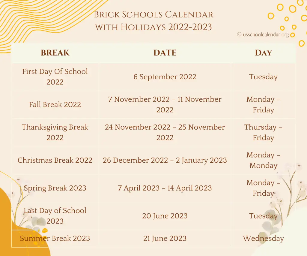 Brick Schools Calendar with Holidays 2022-2023