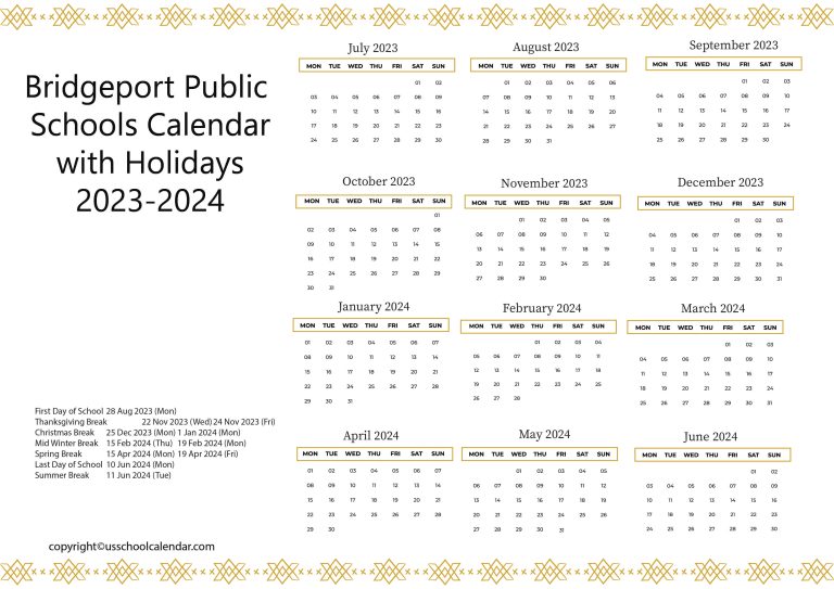 Bridgeport Public Schools Calendar with Holidays 2023 2024
