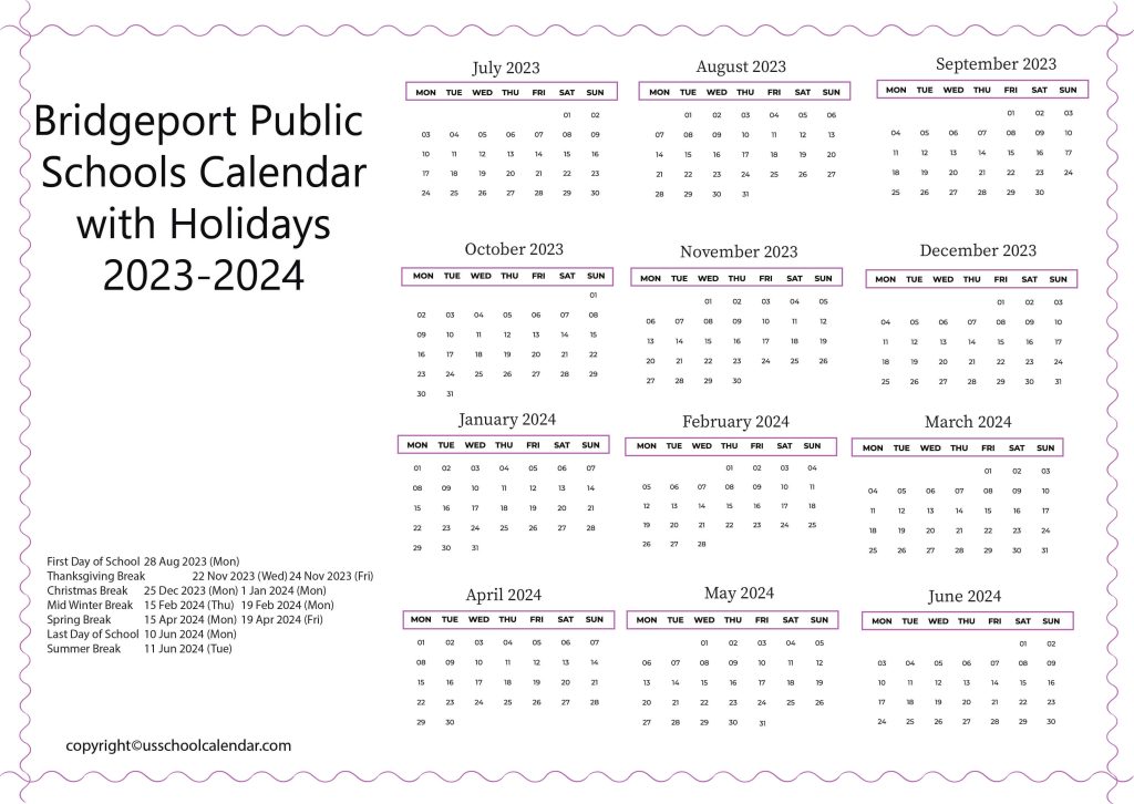 Bridgeport Public Schools Calendar With Holidays 2023 2024