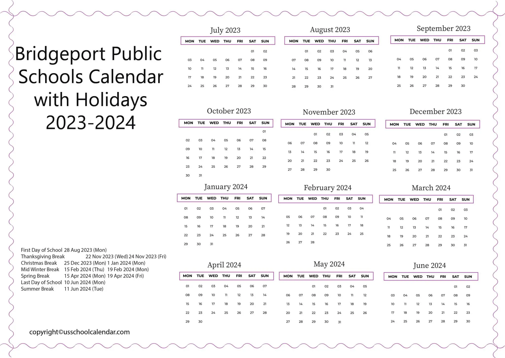 Bridgeport Public Schools Calendar with Holidays 20232024