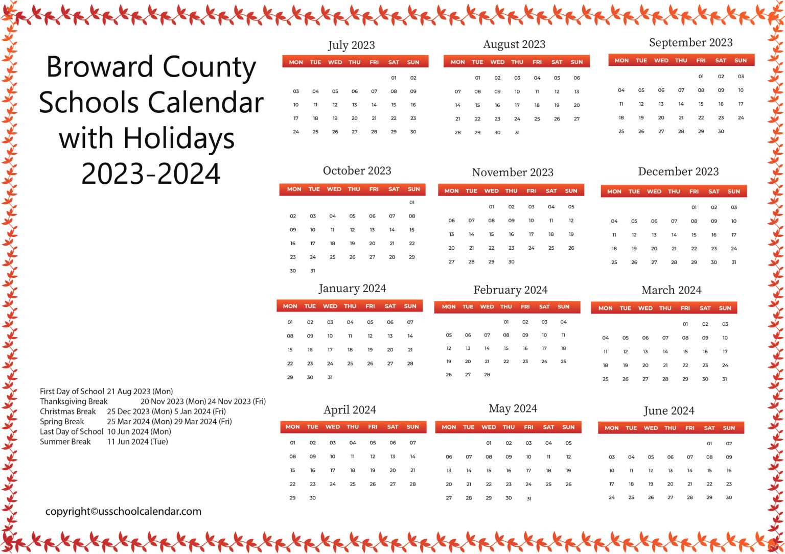 Broward County Schools Calendar With Holidays 2023 2024