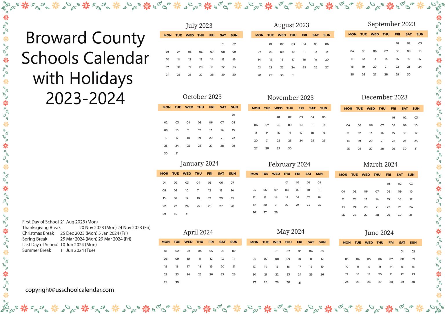 Broward County Schools Calendar with Holidays 20232024