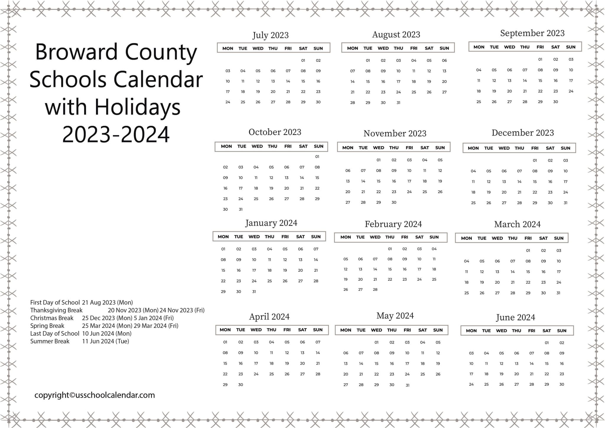 Broward County Schools Calendar with Holidays 20232024