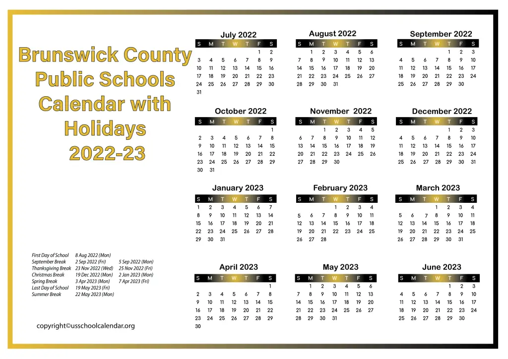 Brunswick County Public Schools Calendar with Holidays 2022-23