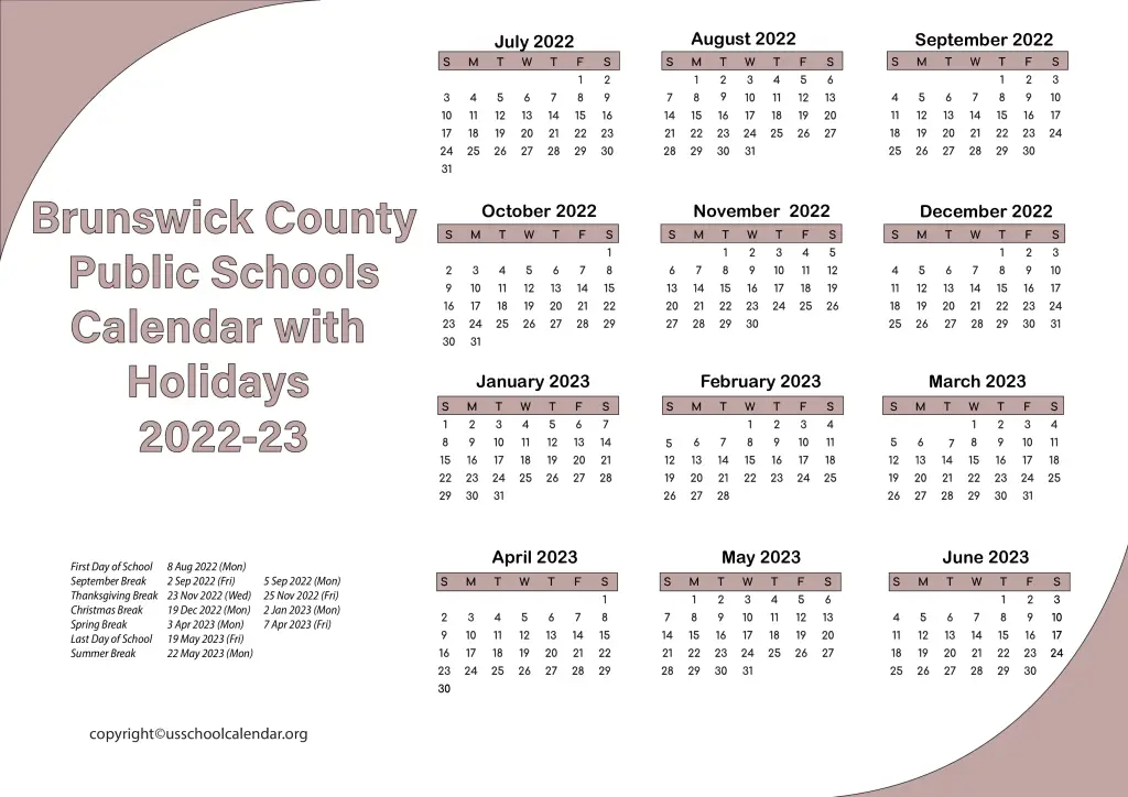 Brunswick County Public Schools Calendar with Holidays 2022-23 2