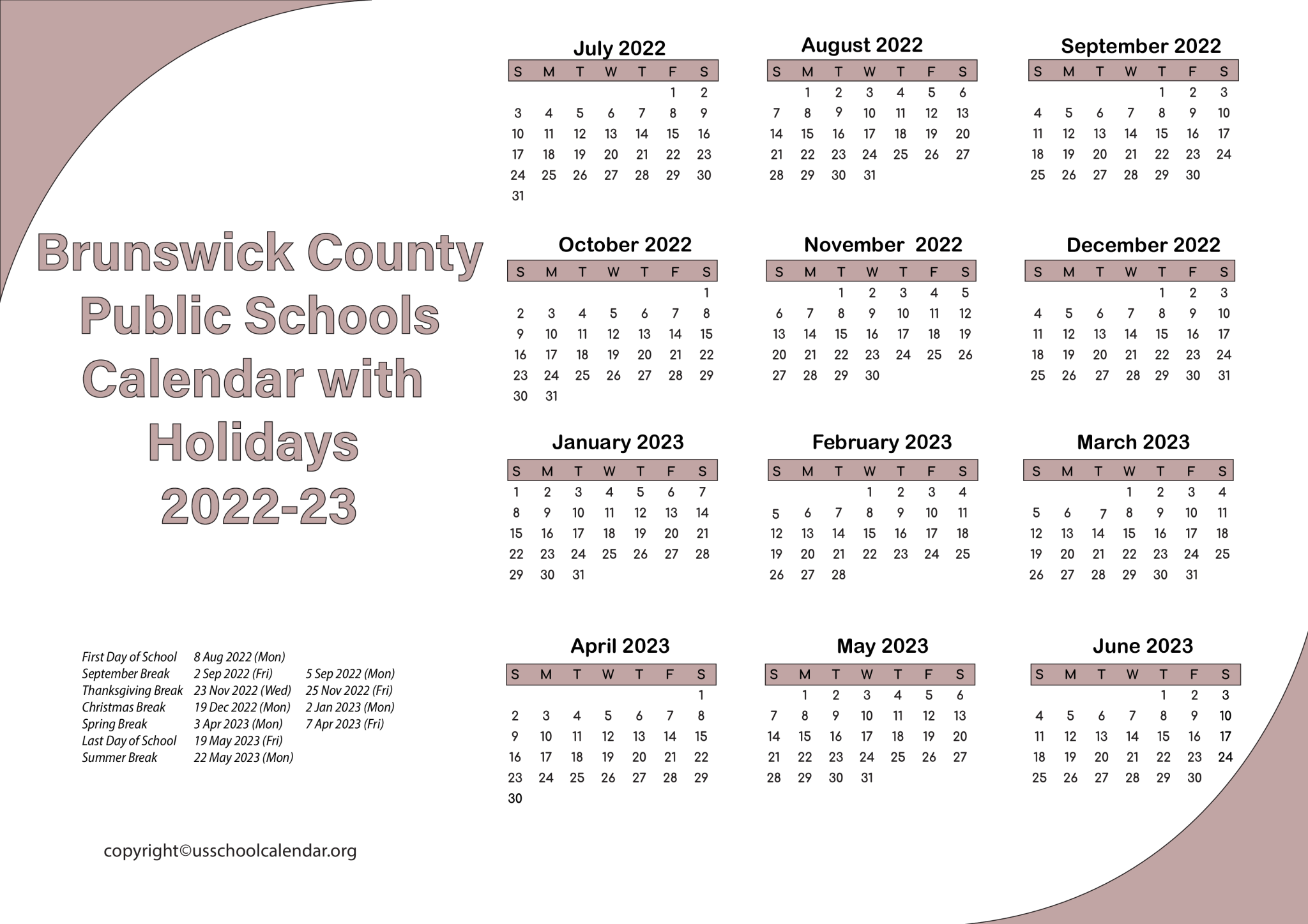 Brunswick County Public Schools Calendar with Holidays 202223