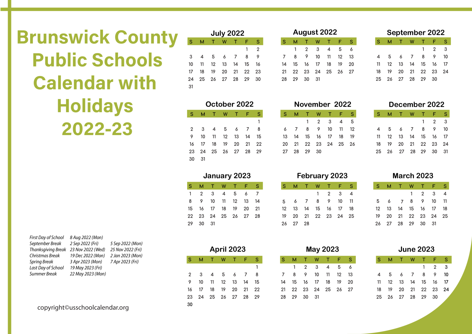 Brunswick County Public Schools Calendar with Holidays 202223