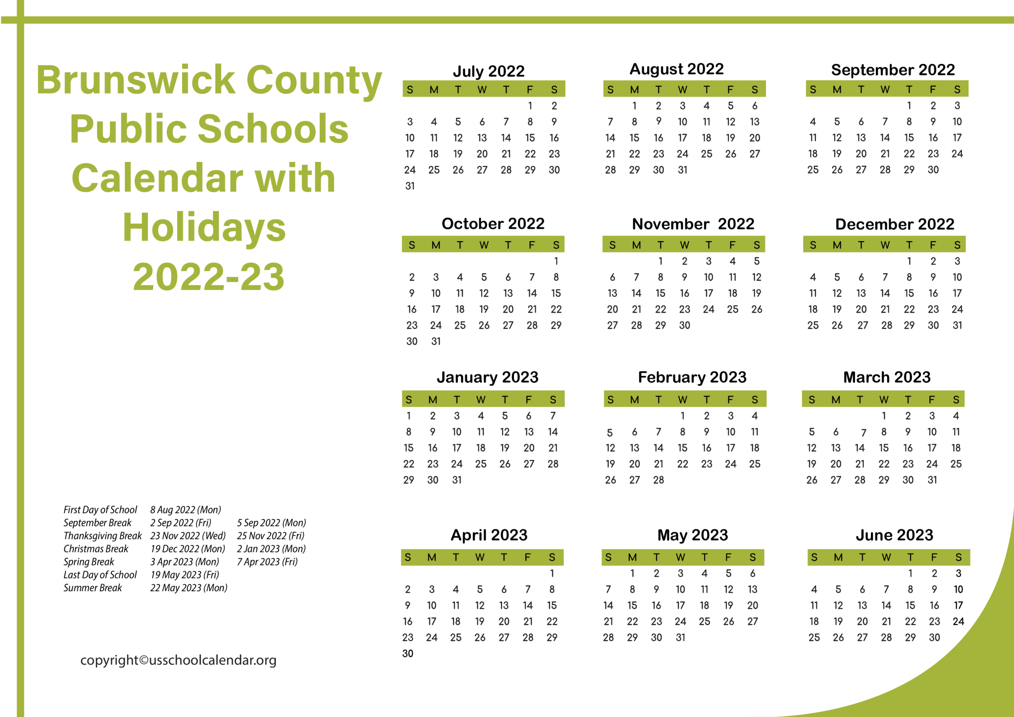 Brunswick County Public Schools Calendar with Holidays 2022 23