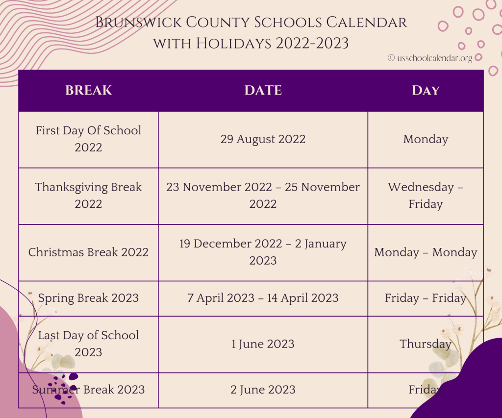 Brunswick County Schools Calendar with Holidays 2022-2023