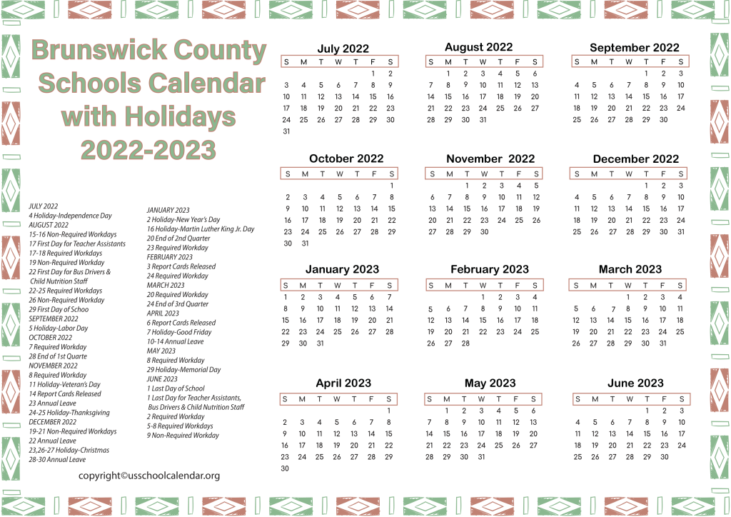 Brunswick County Schools Calendar with Holidays 2022-2023 2