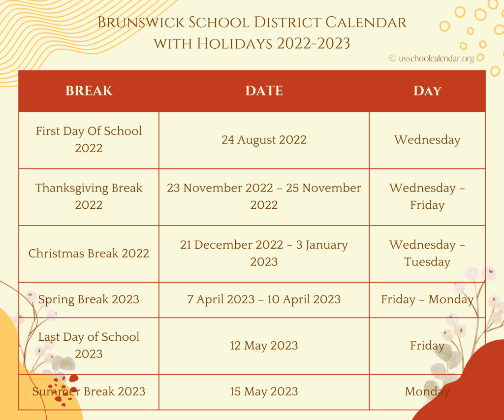 Brunswick School District Calendar with Holidays 2022-2023