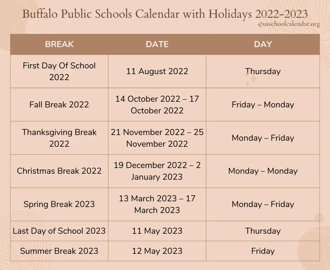 Buffalo Public Schools Calendar with Holidays 2022-2023