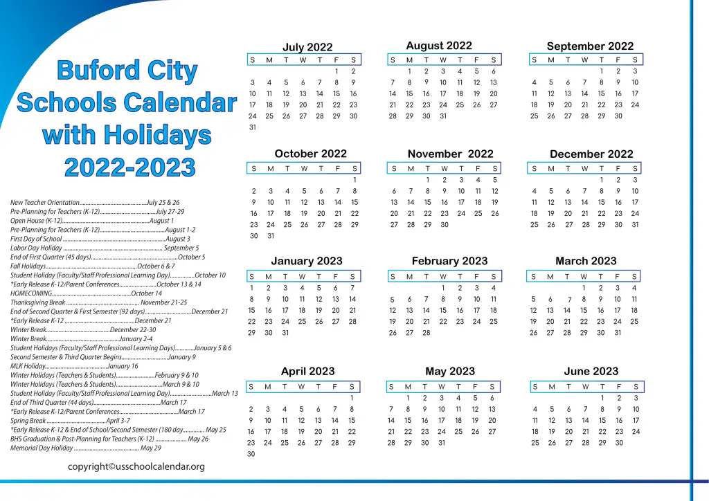 Buford City Schools Calendar with Holidays 20232024