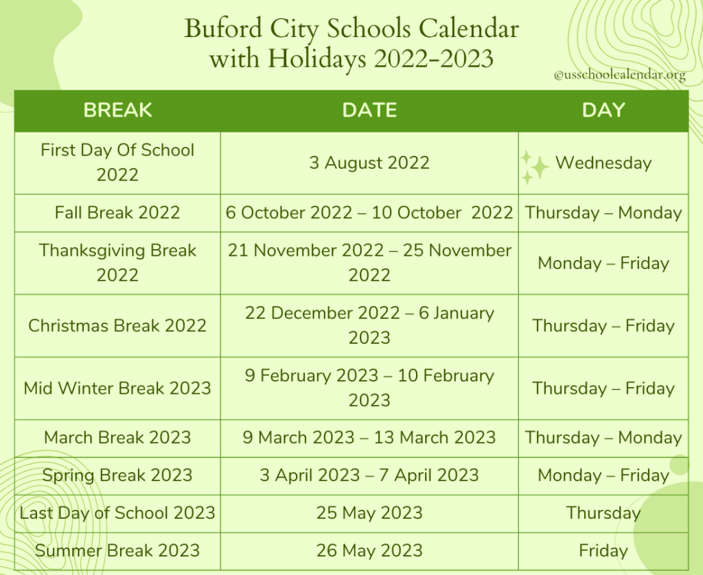 Buford City Schools Calendar with Holidays 2022-2023
