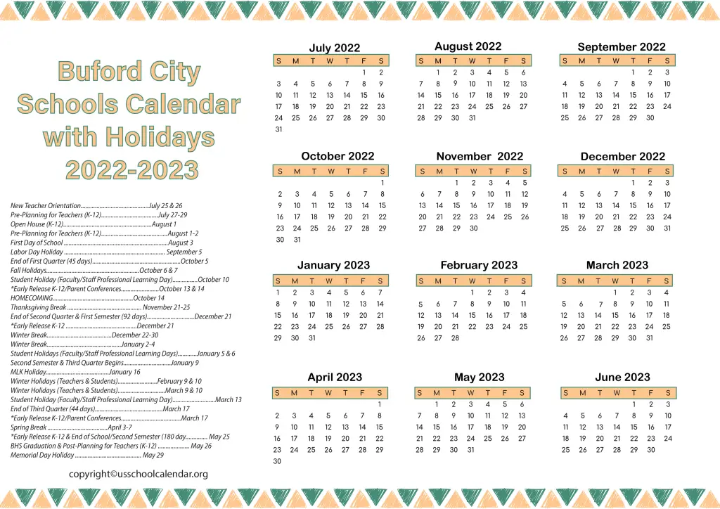 Buford City Schools Calendar with Holidays 2022-2023 2