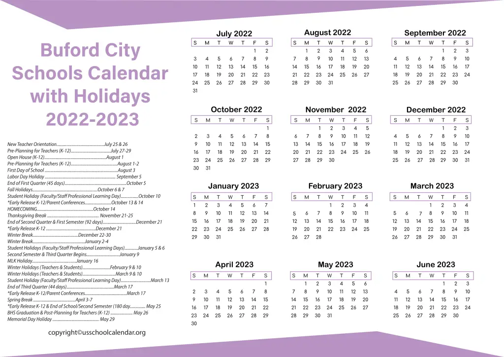 Buford City Schools Calendar with Holidays 2022-2023 3