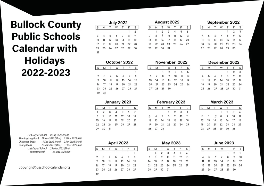 Bullock County Public Schools Calendar with Holidays 2022-2023 2