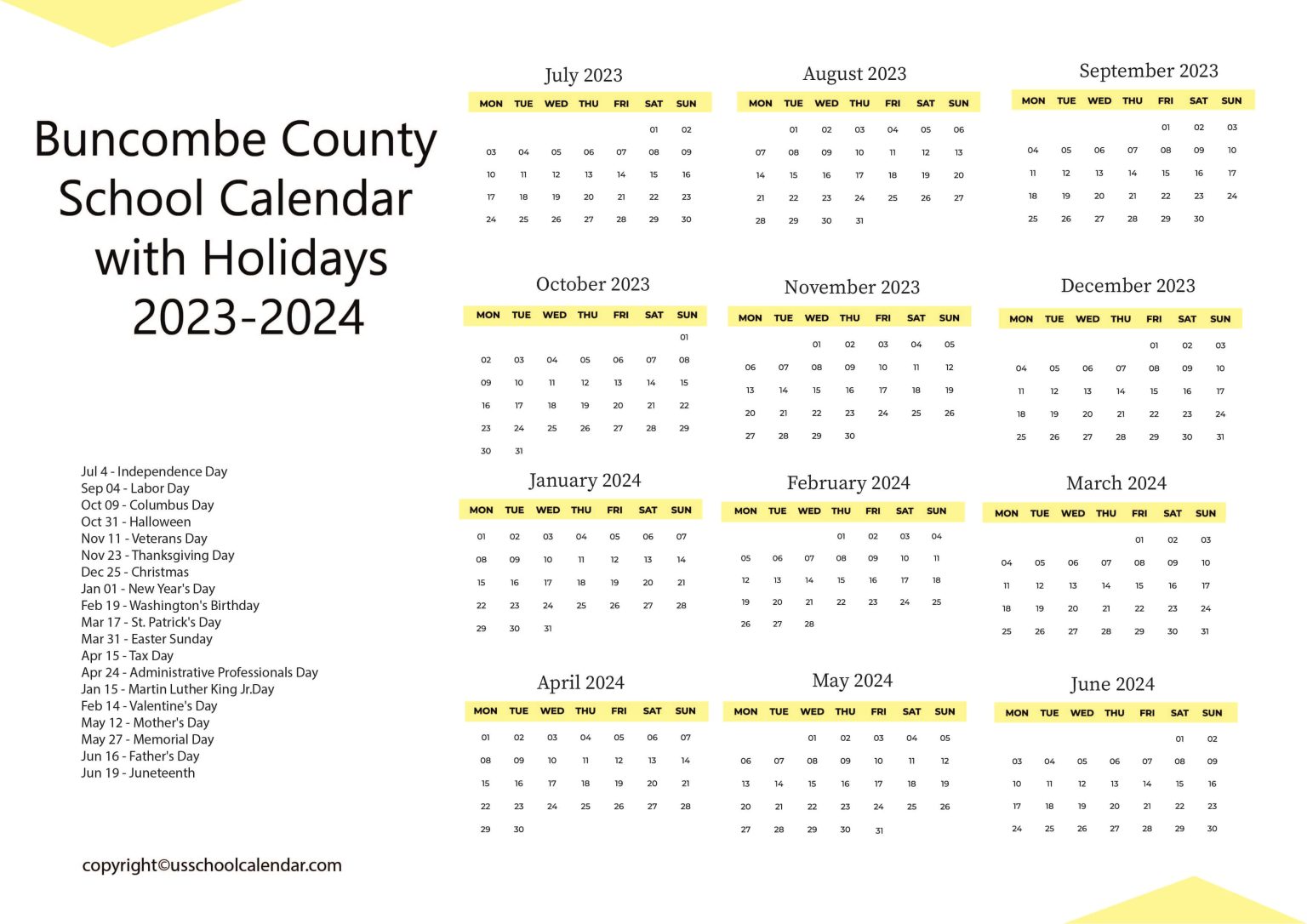 Buncombe County School Calendar with Holidays 2023-2024