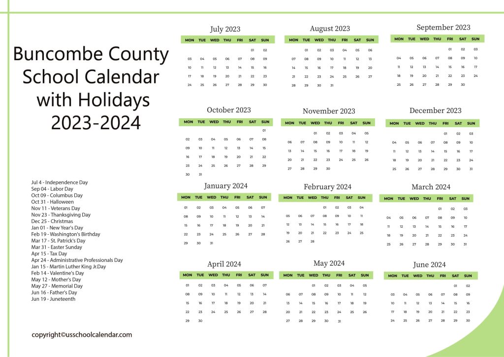 Buncombe County School Holiday Calendar