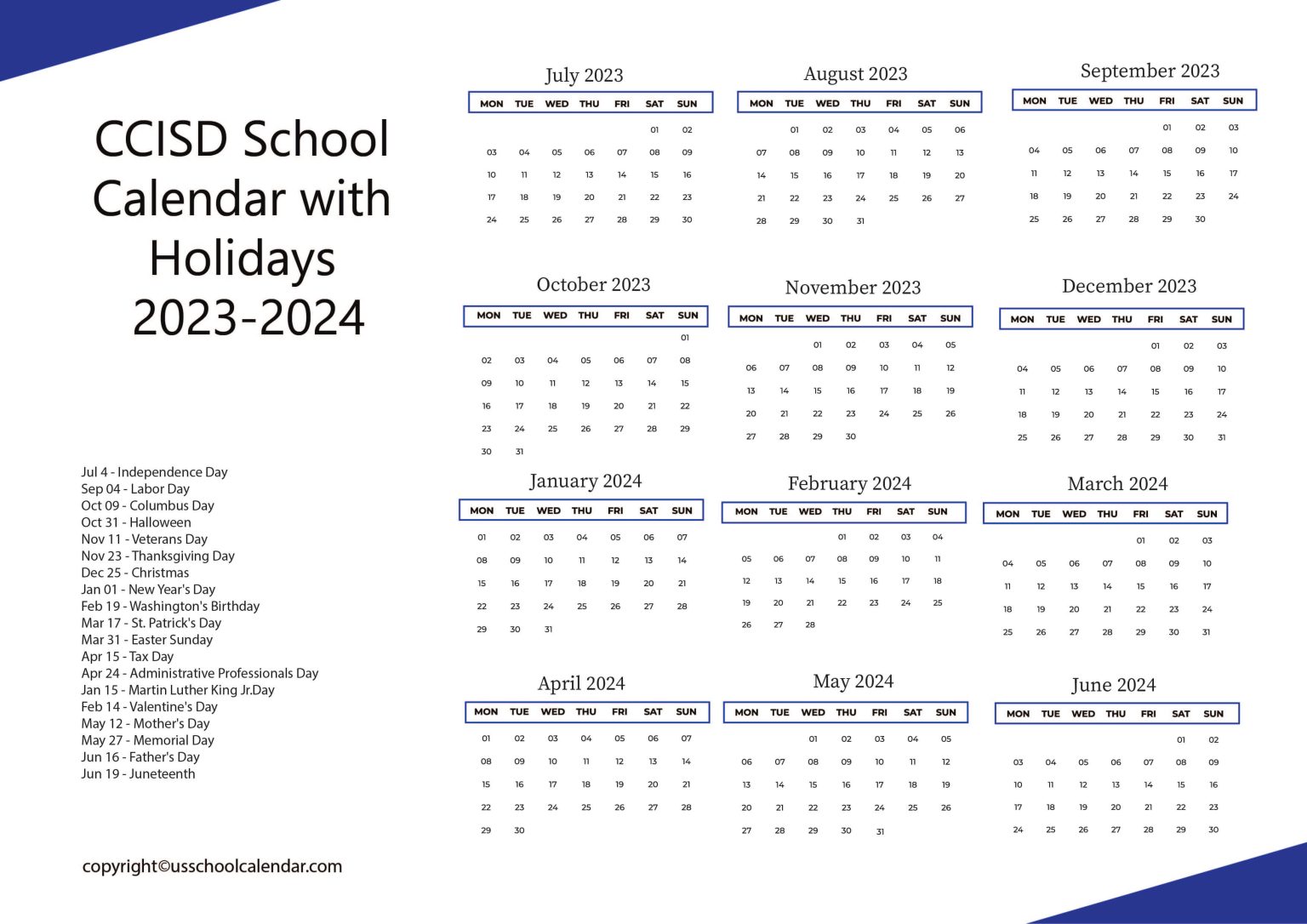 CCISD School Calendar with Holidays 20232024
