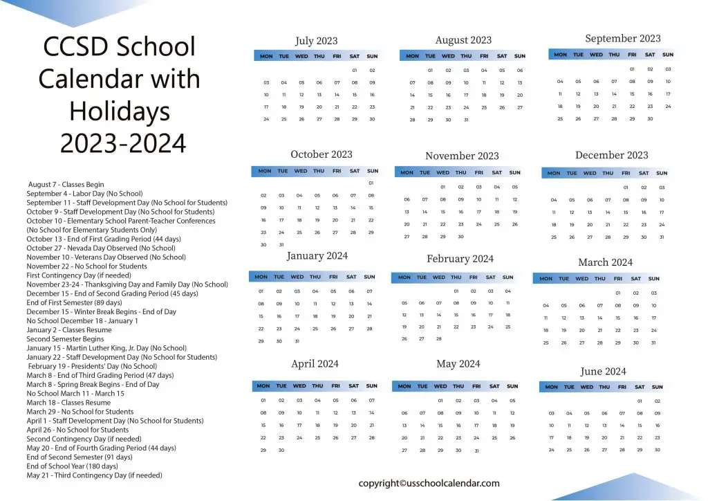 CCSD School Calendar with Holidays 2023-2024
