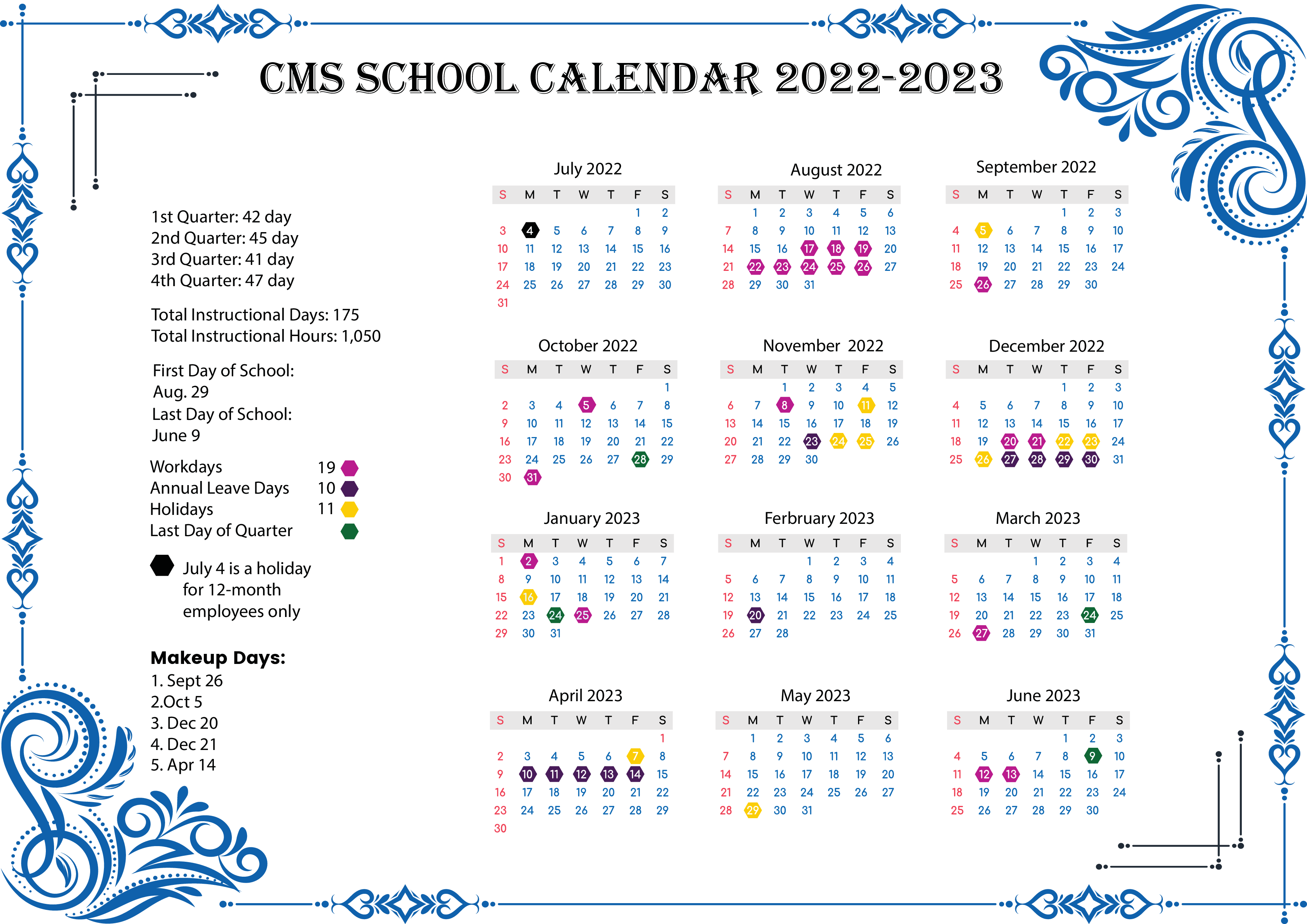 CMS School Calendar With Holidays 20222023
