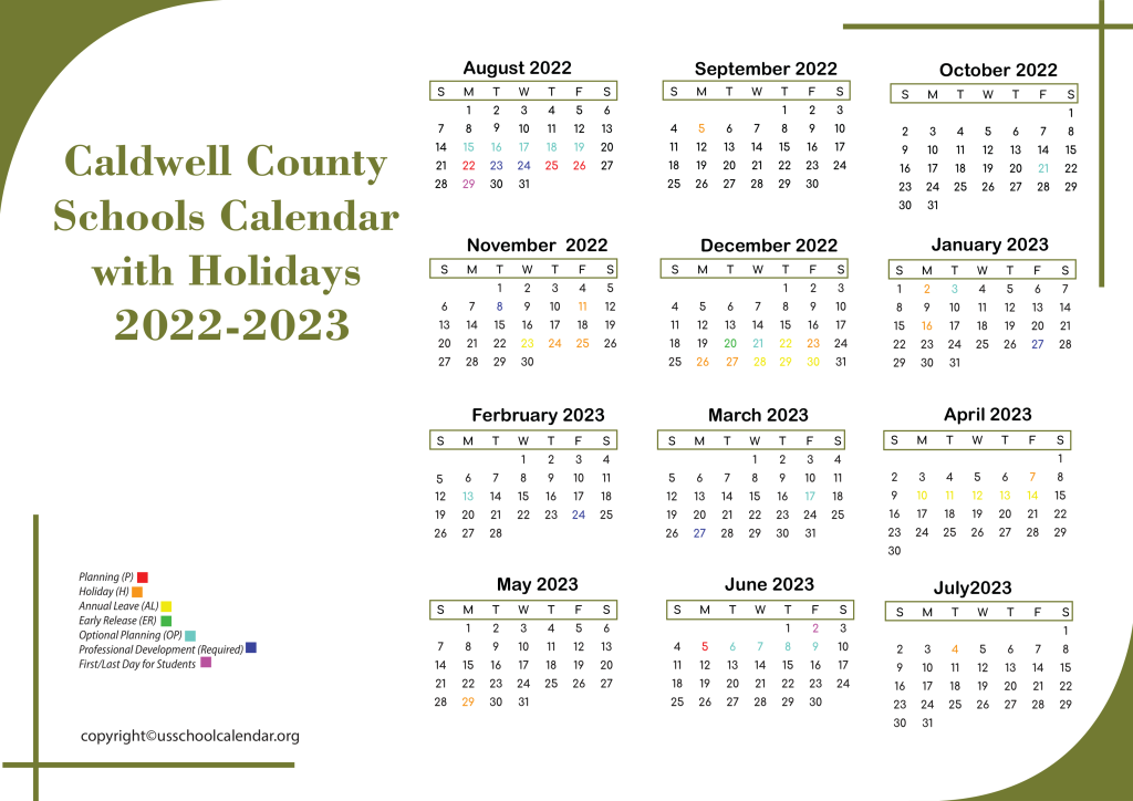 Caldwell County Schools Calendar with Holidays 2022-2023