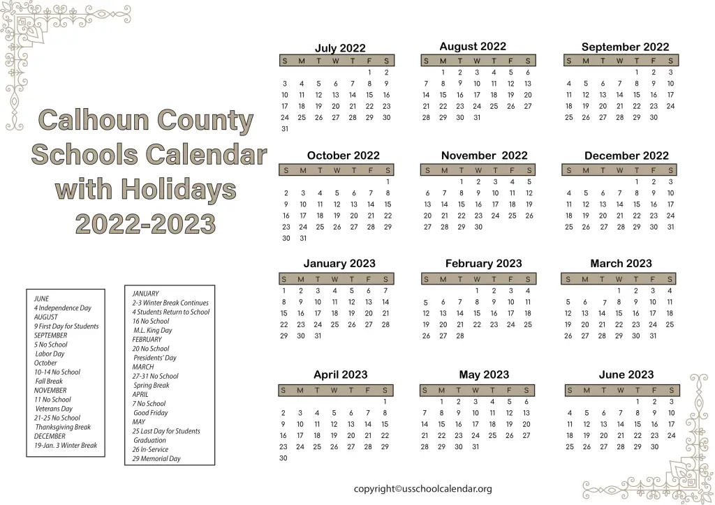 Calhoun County Schools Calendar with Holidays 2022-2023