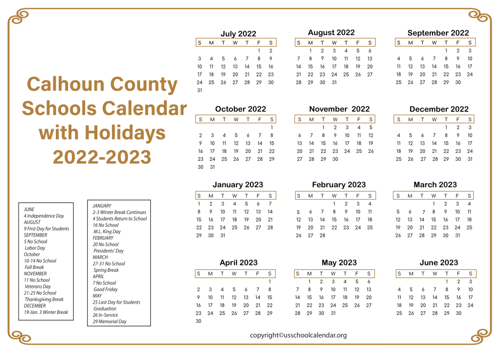 Calhoun County Schools Calendar with Holidays 2022-2023 2