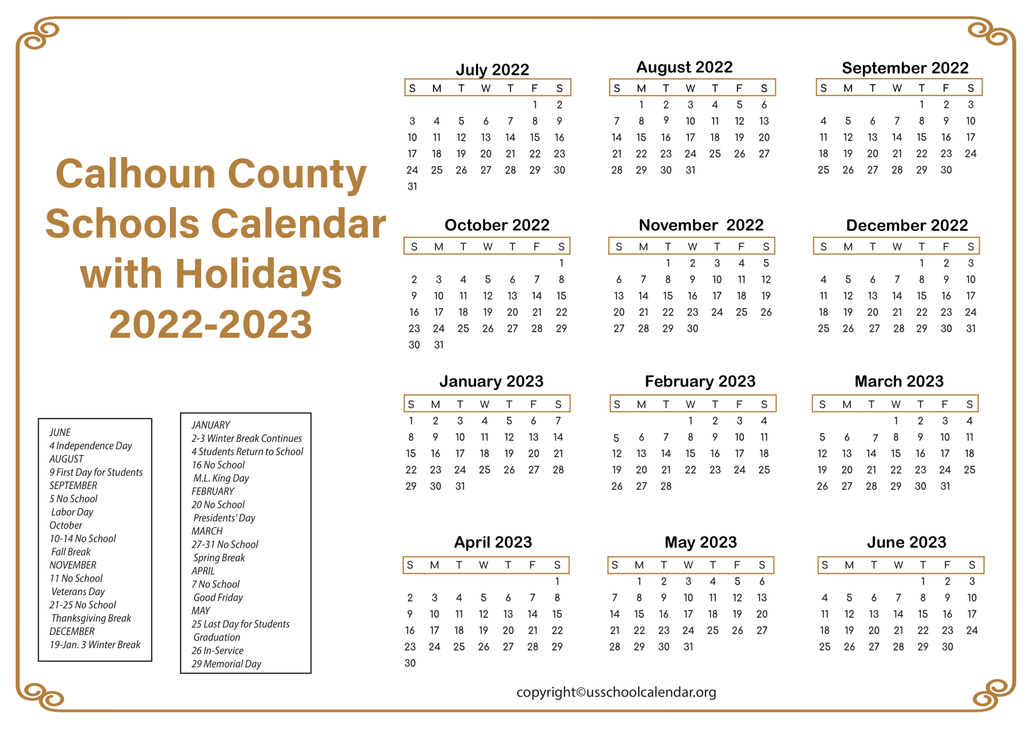 Calhoun County Schools Calendar with Holidays 20222023