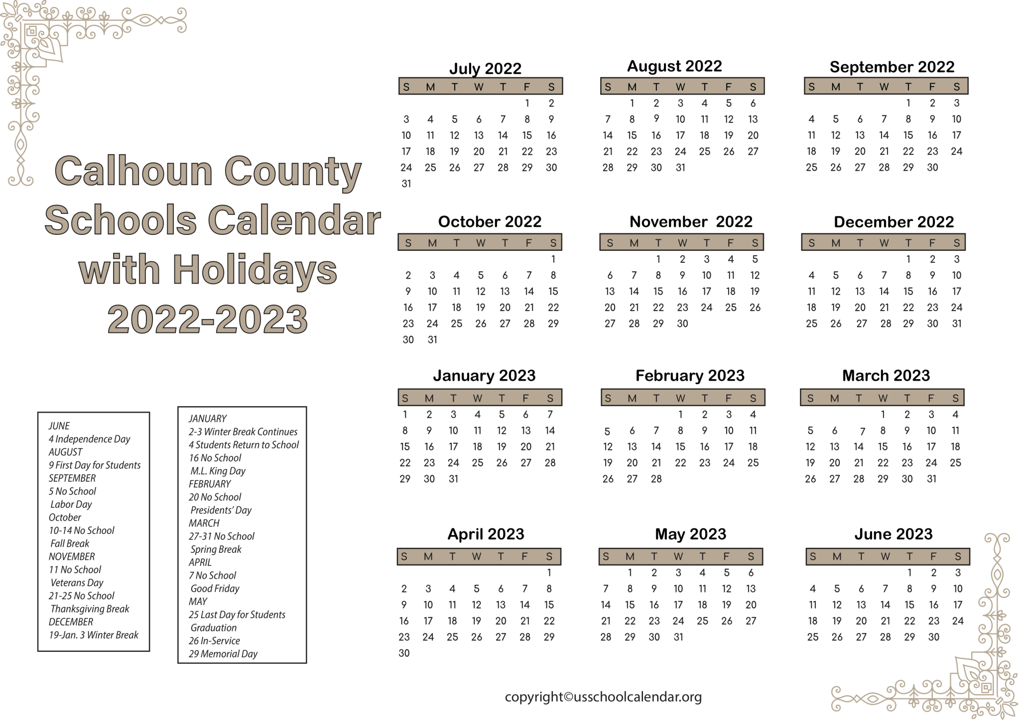 Calhoun County Schools Calendar with Holidays 20222023