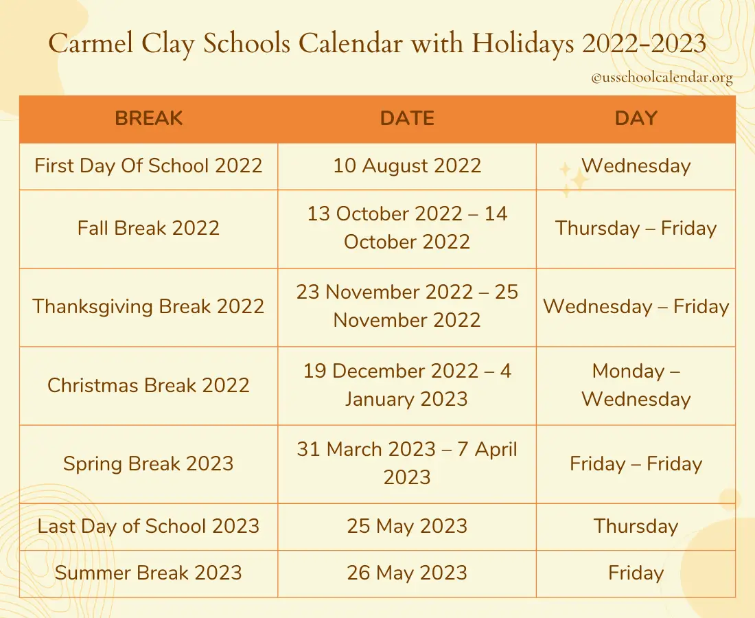 Carmel Clay Schools Calendar with Holidays 20222023