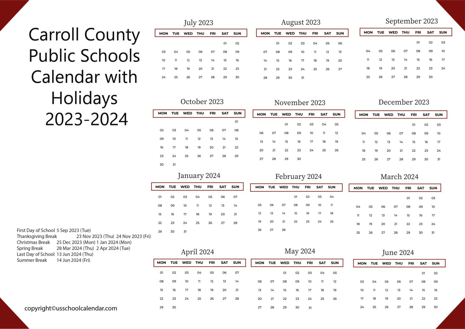 Carroll County Public Schools Calendar with Holidays 20232024