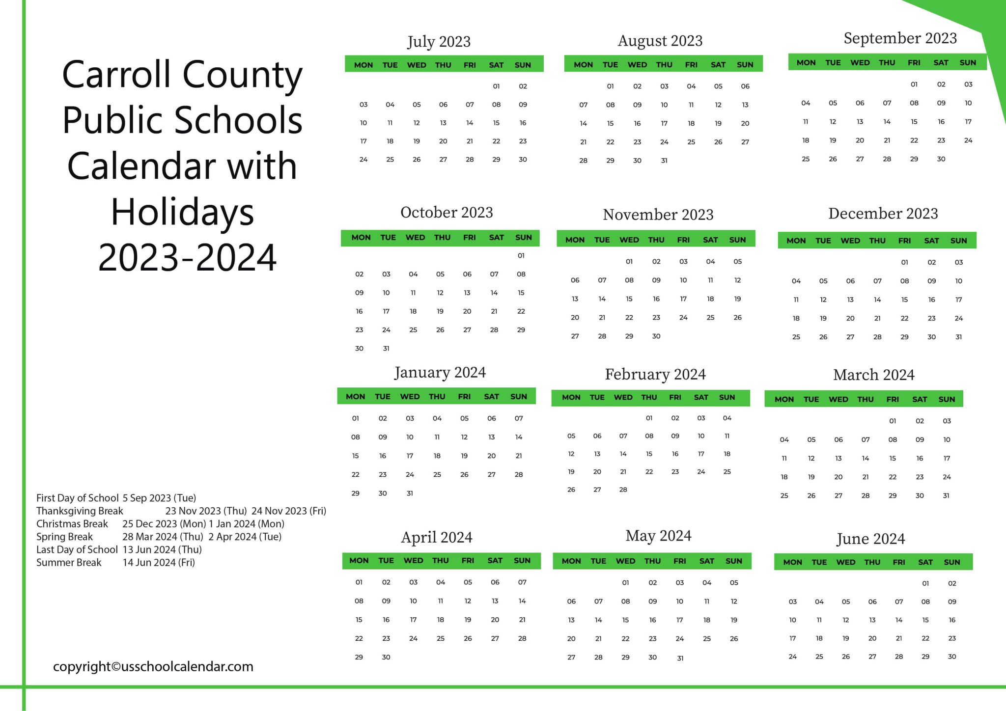 Carroll County Public Schools Calendar with Holidays 20232024