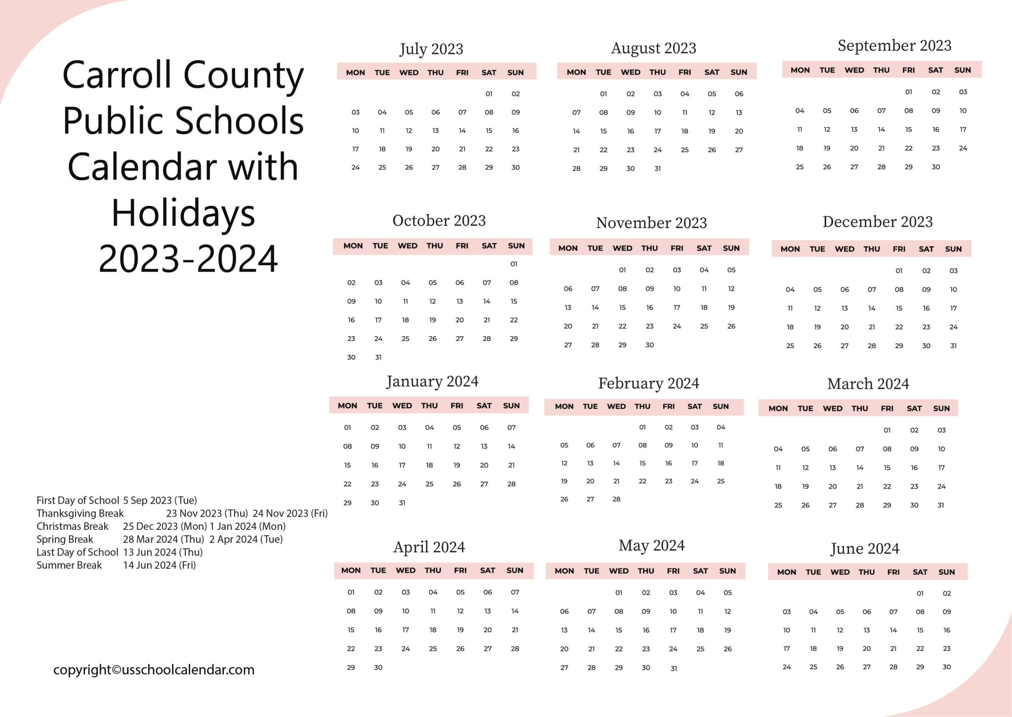 Carroll County Public Schools Calendar with Holidays 20232024