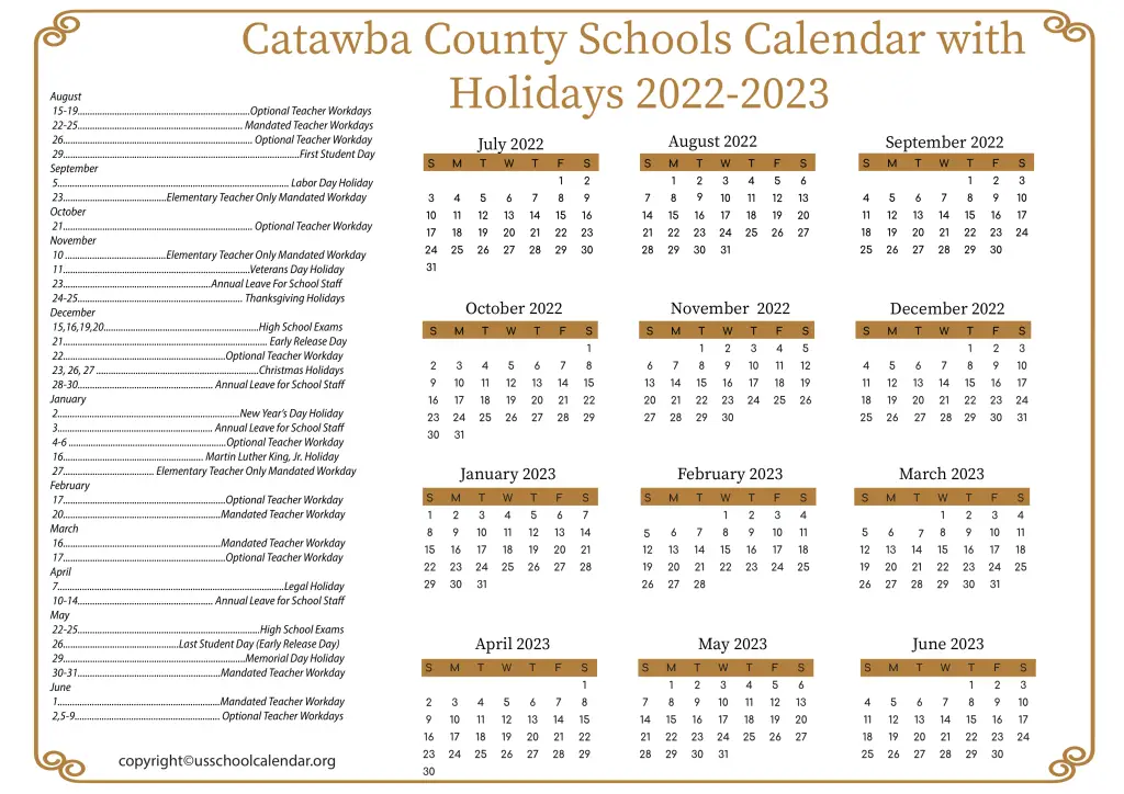 Catawba County Schools Calendar with Holidays 2022-2023
