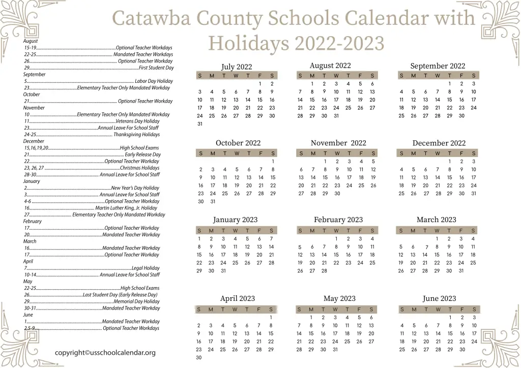 Catawba County Schools Calendar with Holidays 2022-2023 2