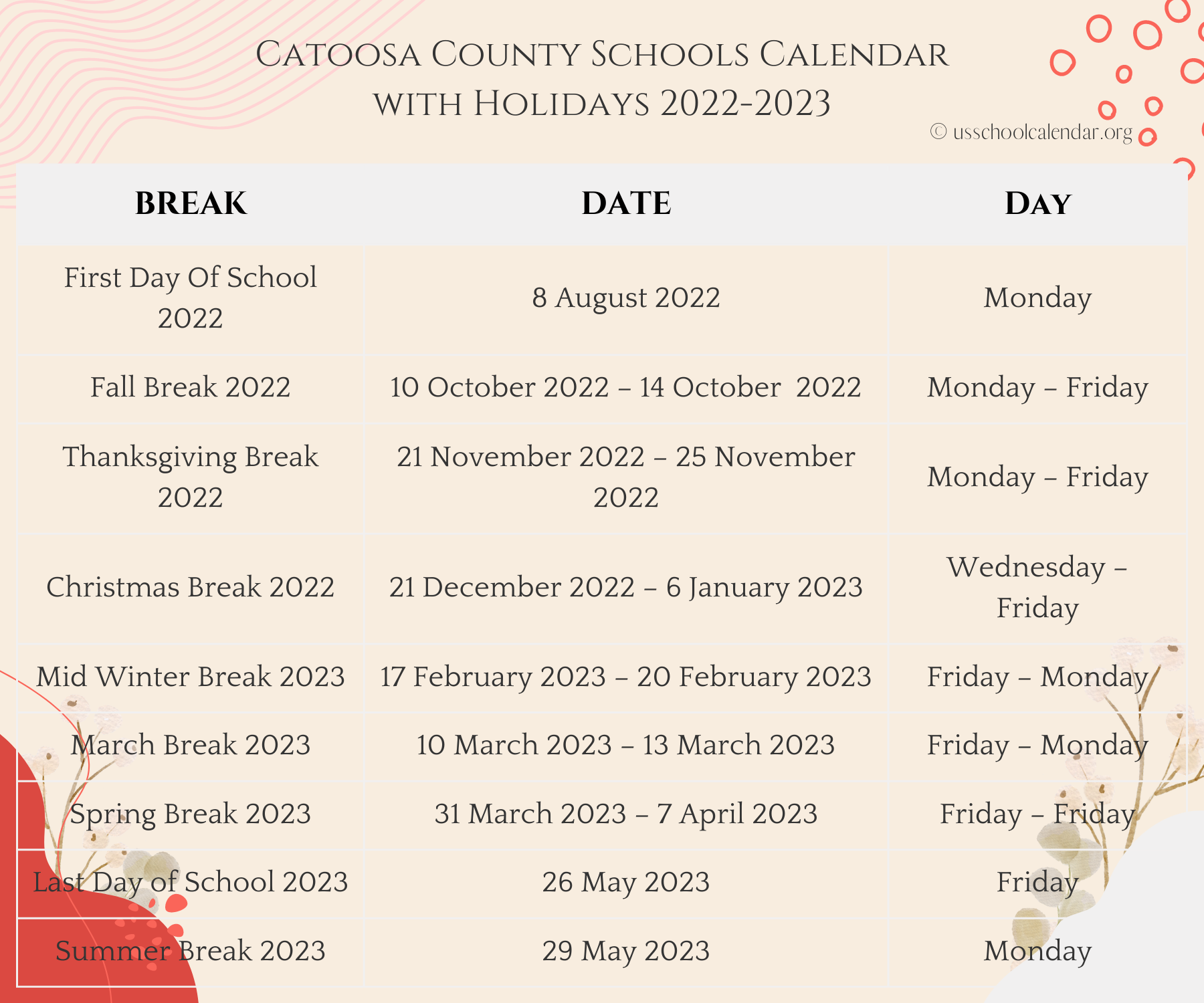 Catoosa County Schools Calendar US School Calendar