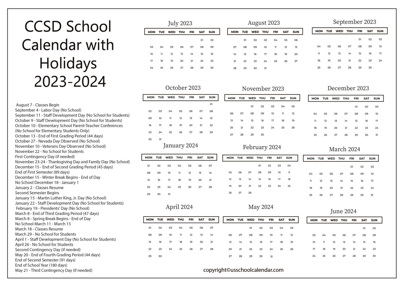 CCSD School Calendar with Holidays 20232024