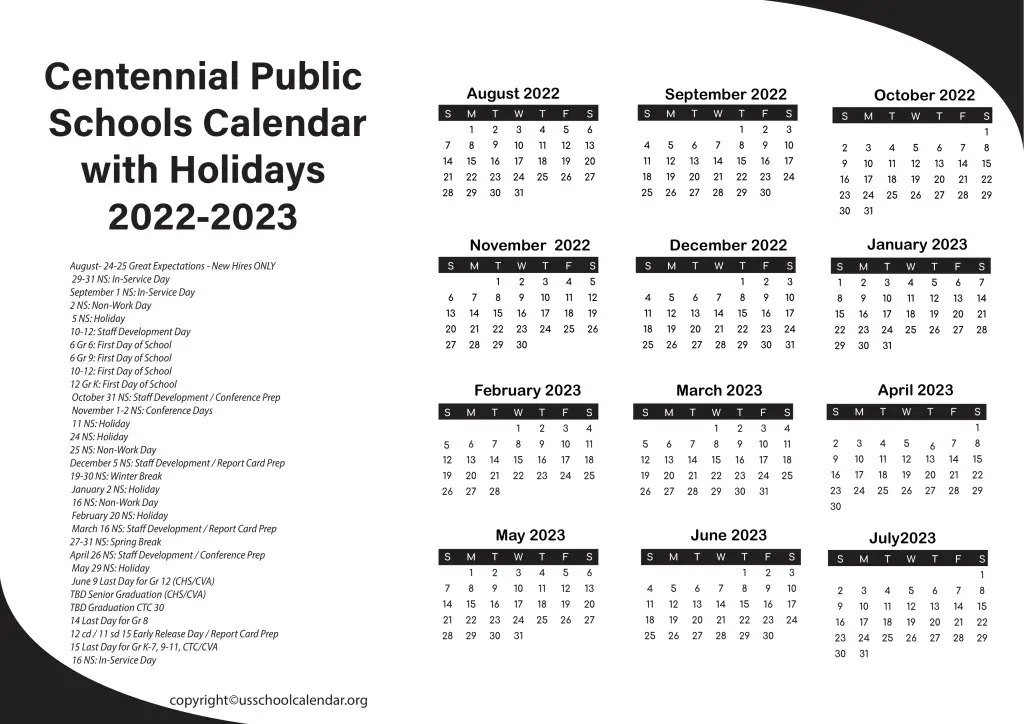 Centennial Public Schools Calendar with Holidays 2022-2023
