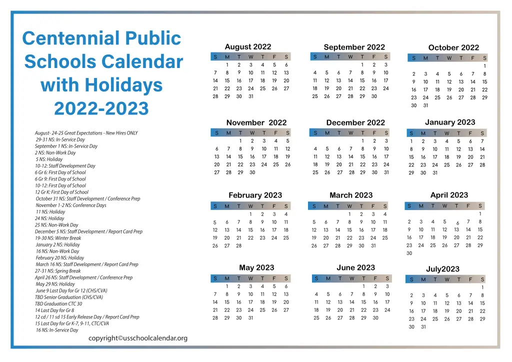 Centennial Public Schools Calendar with Holidays 2022-2023 3