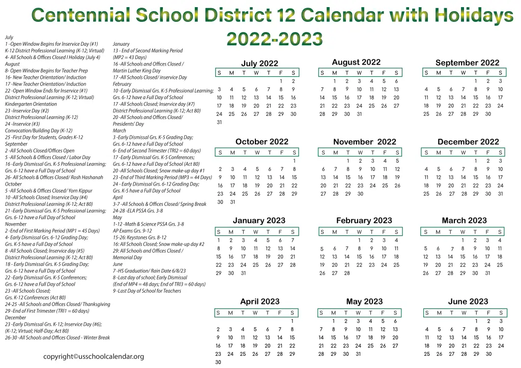 Centennial School District 12 Calendar with Holidays 2022-2023